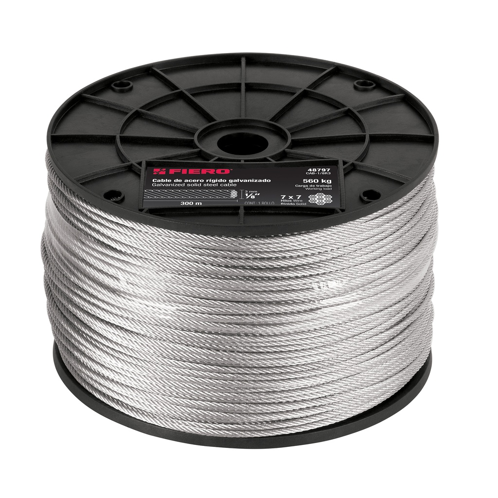 Metro de cable rígido 1/8' de acero 7x7 hilos, 300 m, Fiero - Pag 550