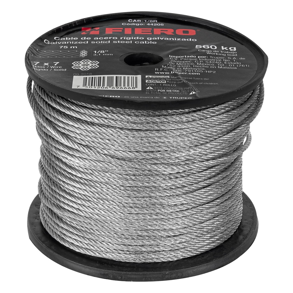 Metro de cable rígido 1/8' de acero 7x7 hilos, 75 m, Fiero - Pag 550