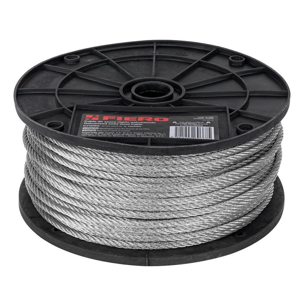 Metro de cable rígido 3/16' de acero 7x7 hilos, 75 m, Fiero - Pag 550