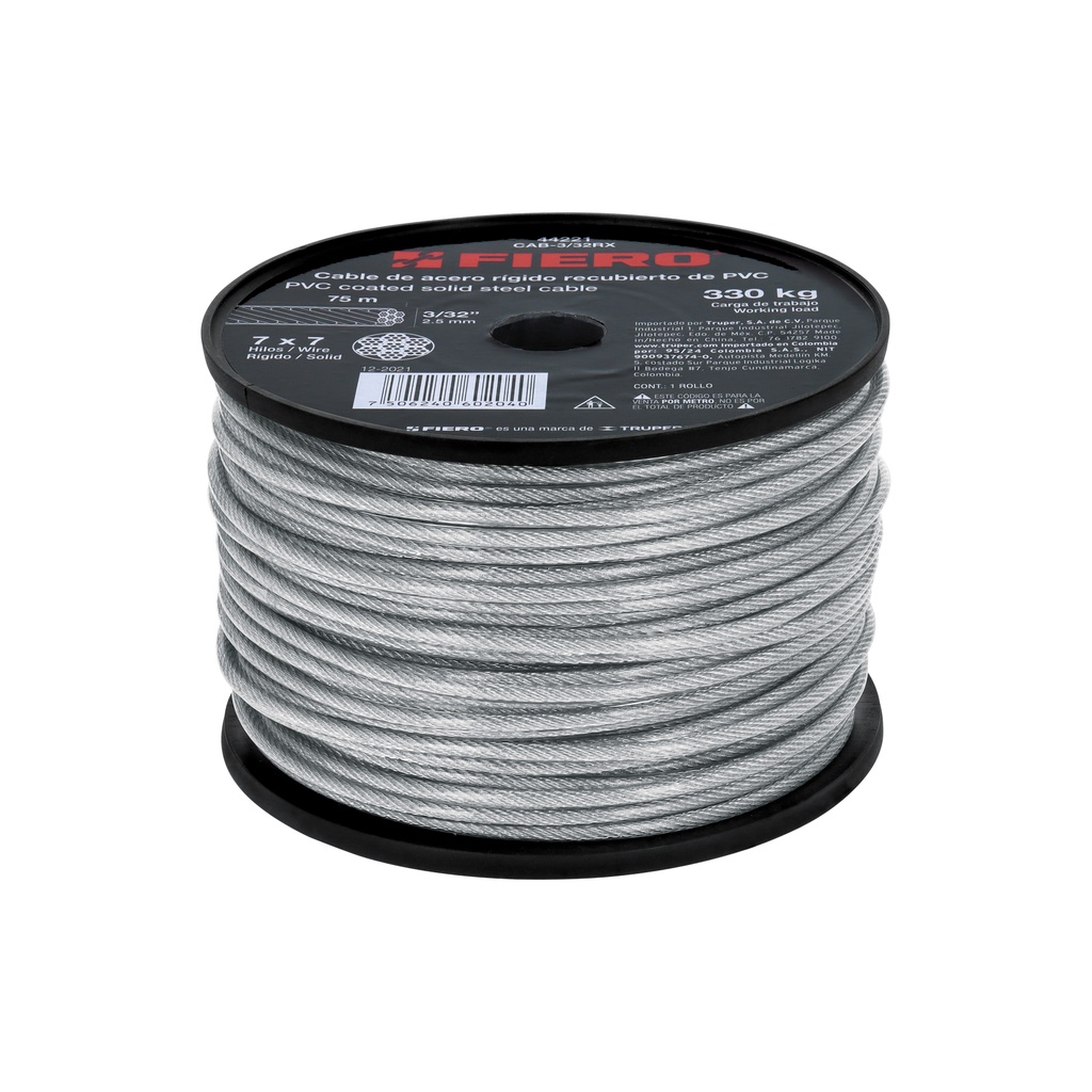Metro de cable rígido 3/32' acero 7x7 recubierto PVC, 75 m - Pag 550