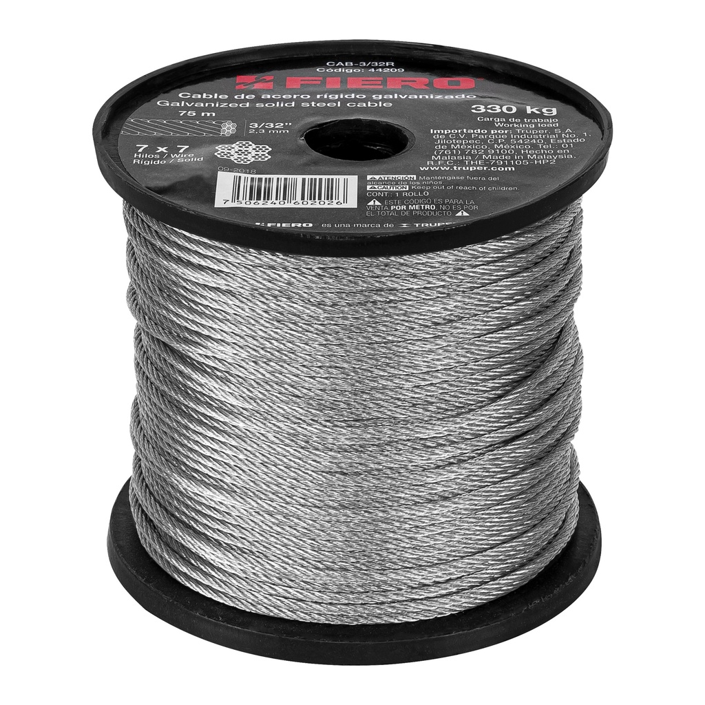 [T44209] Metro de cable rígido 3/32' de acero 7x7 hilos, 75 m, Fiero - Pag 550
