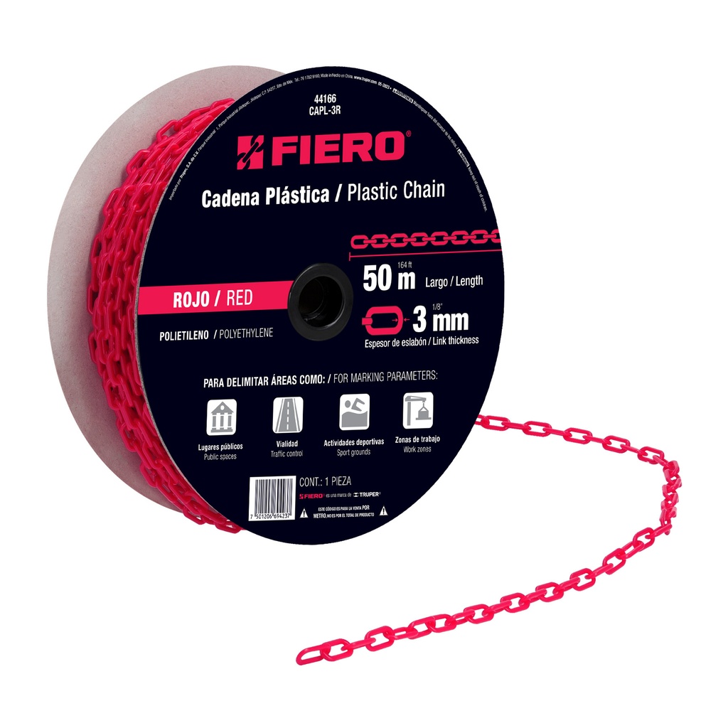 Metro de cadena de 3 mm de plástico roja, carrete de 50 m - Pag 554