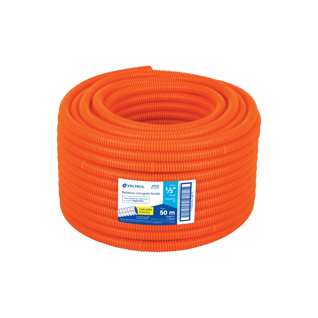Metro de poliducto 1/2' corrugado flex. c/guía, rollo 50 m