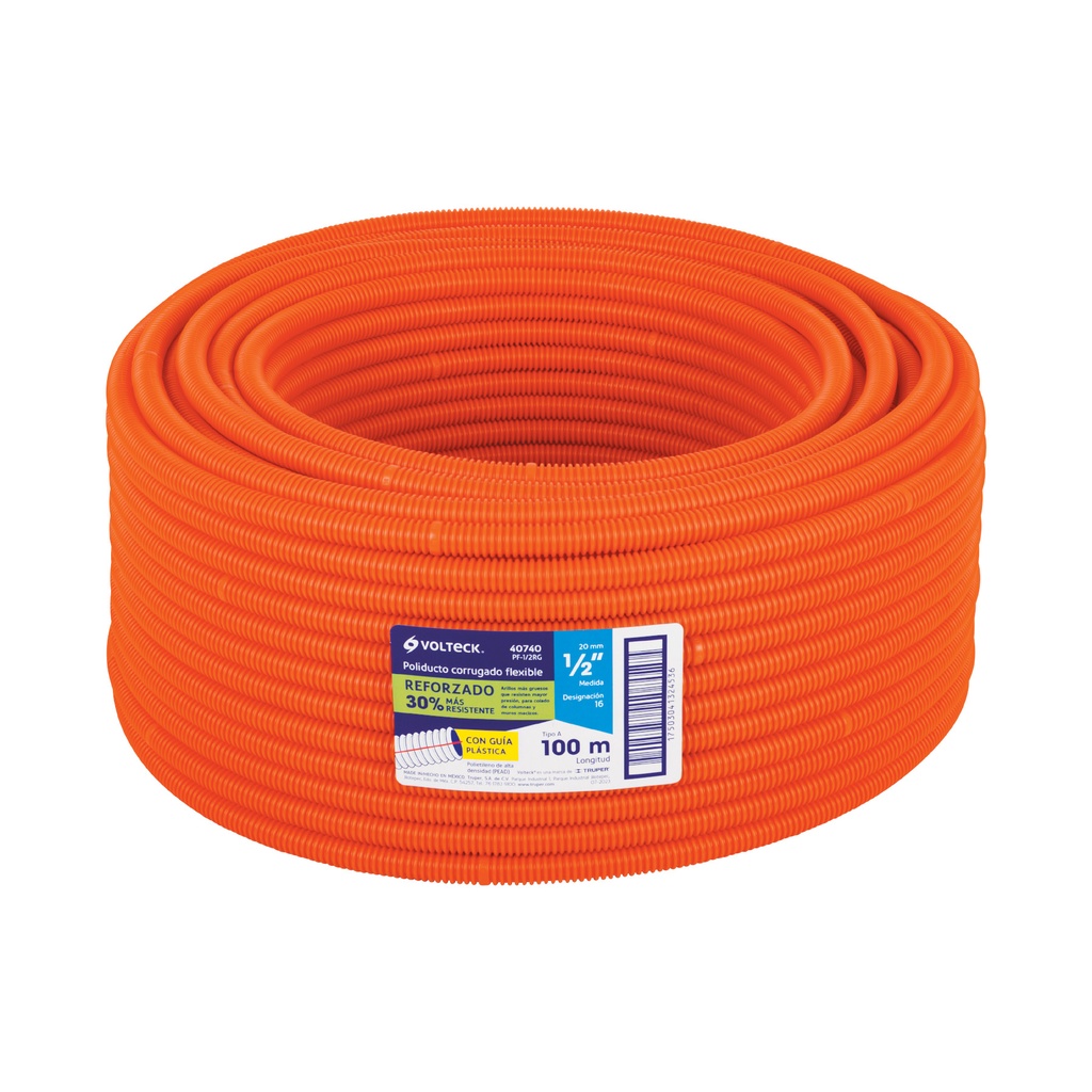 Metro de poliducto 1/2' corrugado flex. reforz. c/guía, 100m