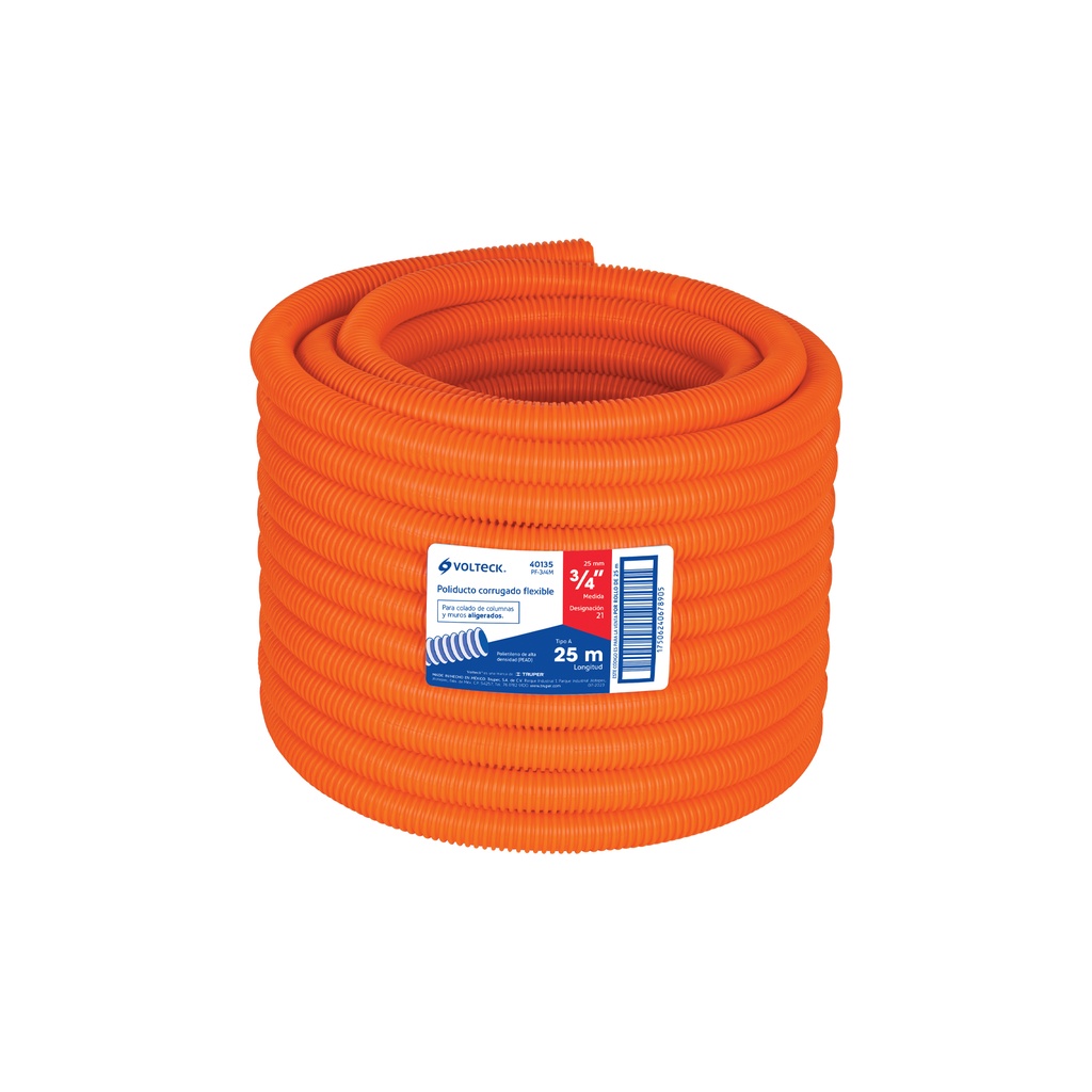 Metro de poliducto 3/4' corrugado flex. s/guía, rollo 25 m