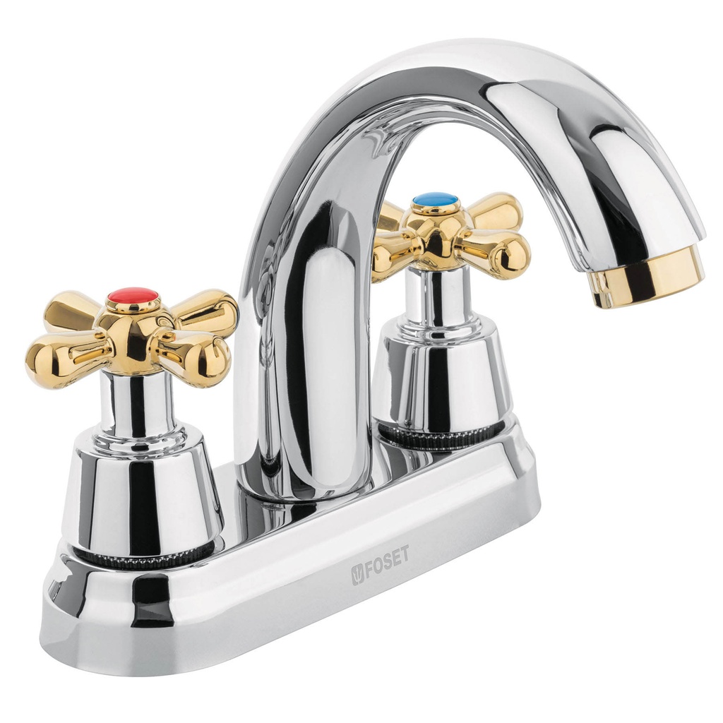 [T45355] Mezcladora cromo-oro 4' p/lavabo, nariz curva, cruceta,Foset