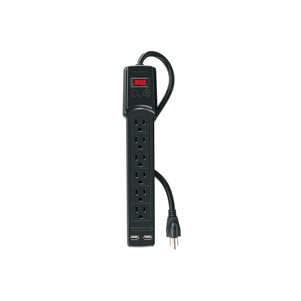 Multicontacto 16 AWG 6 entradas 2 ptos. USB sup. 150J, negro