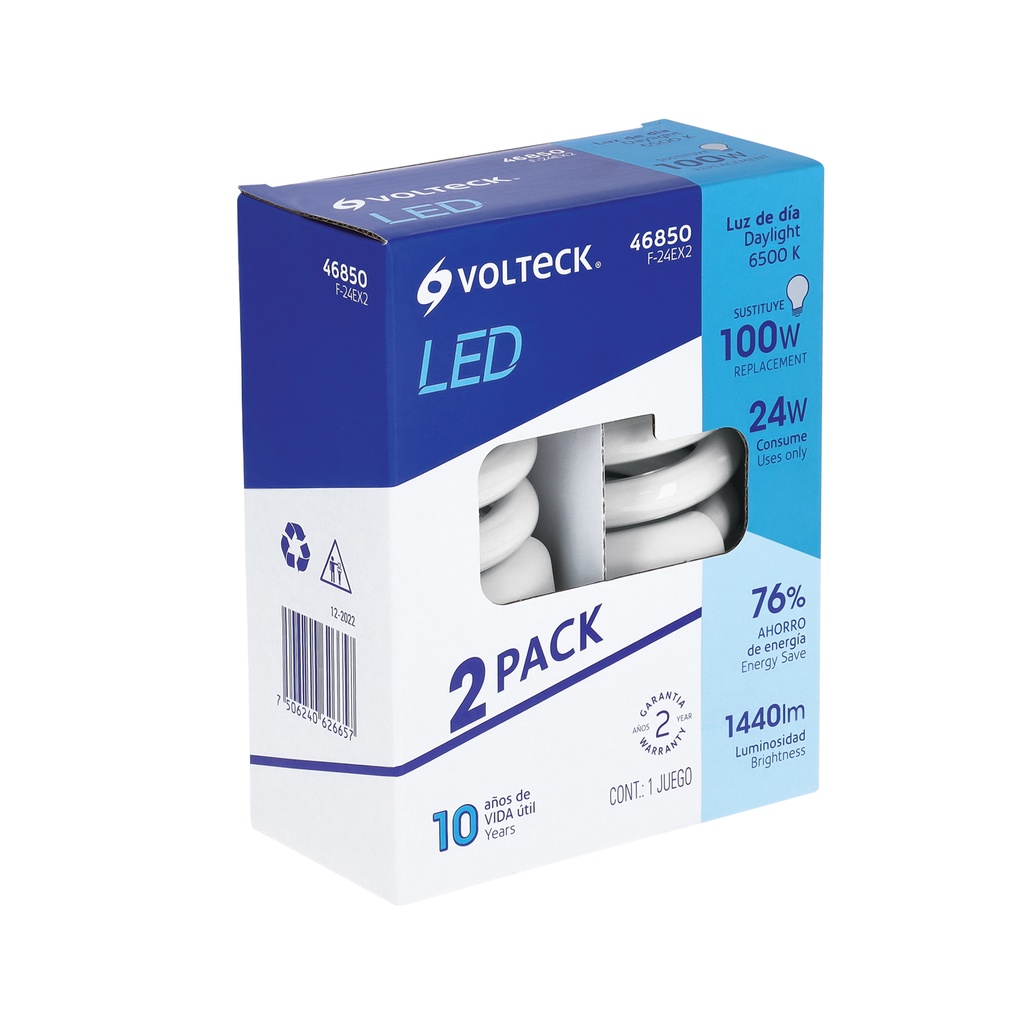 Pack 2 lámparas espiral T4 24 W luz de día, blíster, Volteck