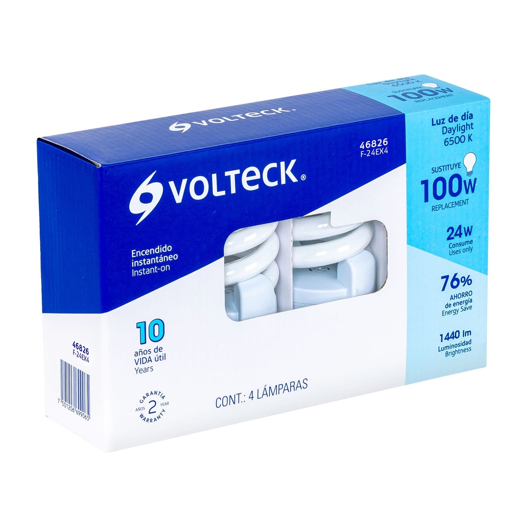 Pack 4 lámparas espiral T4 24 W luz de día, caja, Volteck - Pag 448