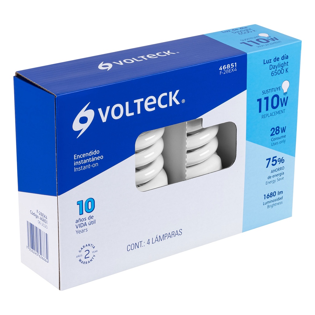 Pack 4 lámparas espiral T4 28 W luz de día, caja, Volteck - Pag 448