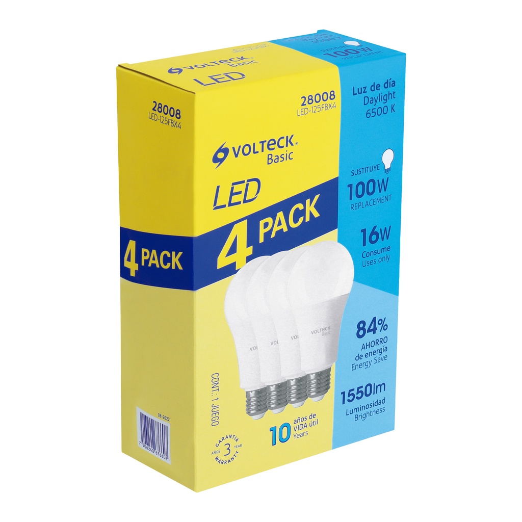 Pack de 4 lámparas LED A19 16 W (equiv. 100 W), luz de día