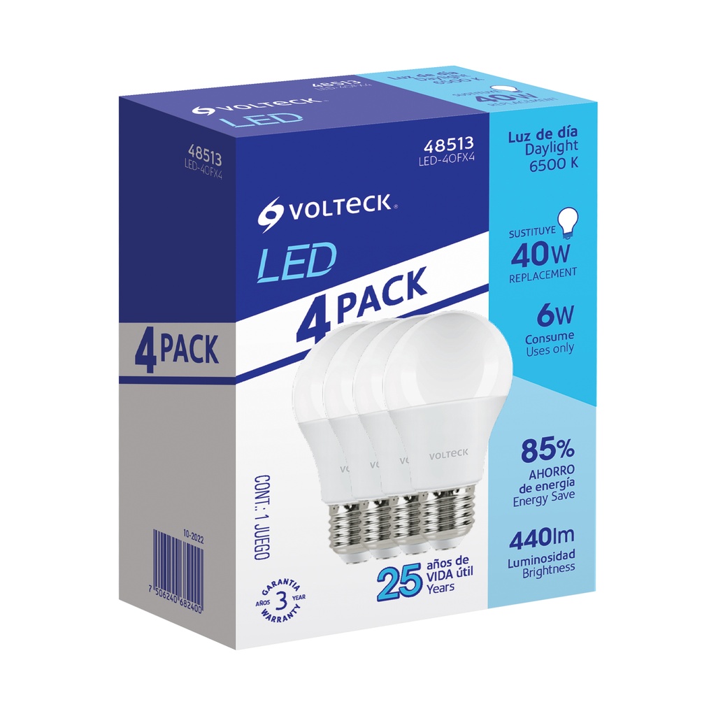 Pack de 4 lámparas LED A19 6 W (equiv. 40 W), luz de día