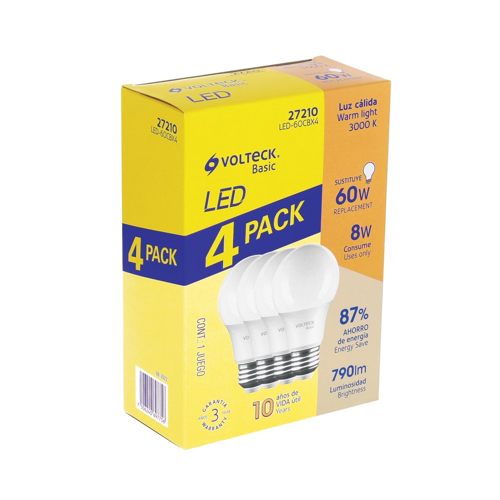 Pack de 4 lámparas LED A19 8 W (equiv. 60 W), luz cálida