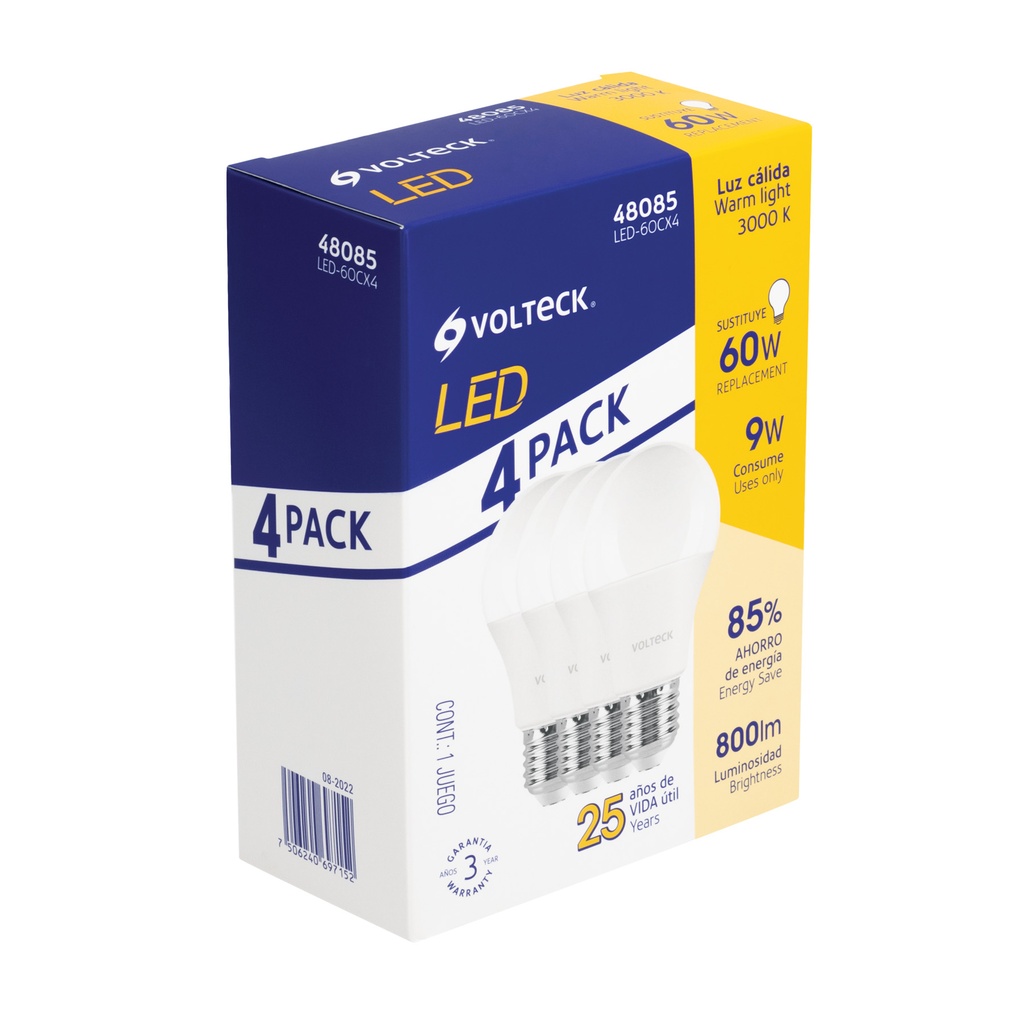 Pack de 4 lámparas LED A19 9 W (equiv. 60 W), luz cálida