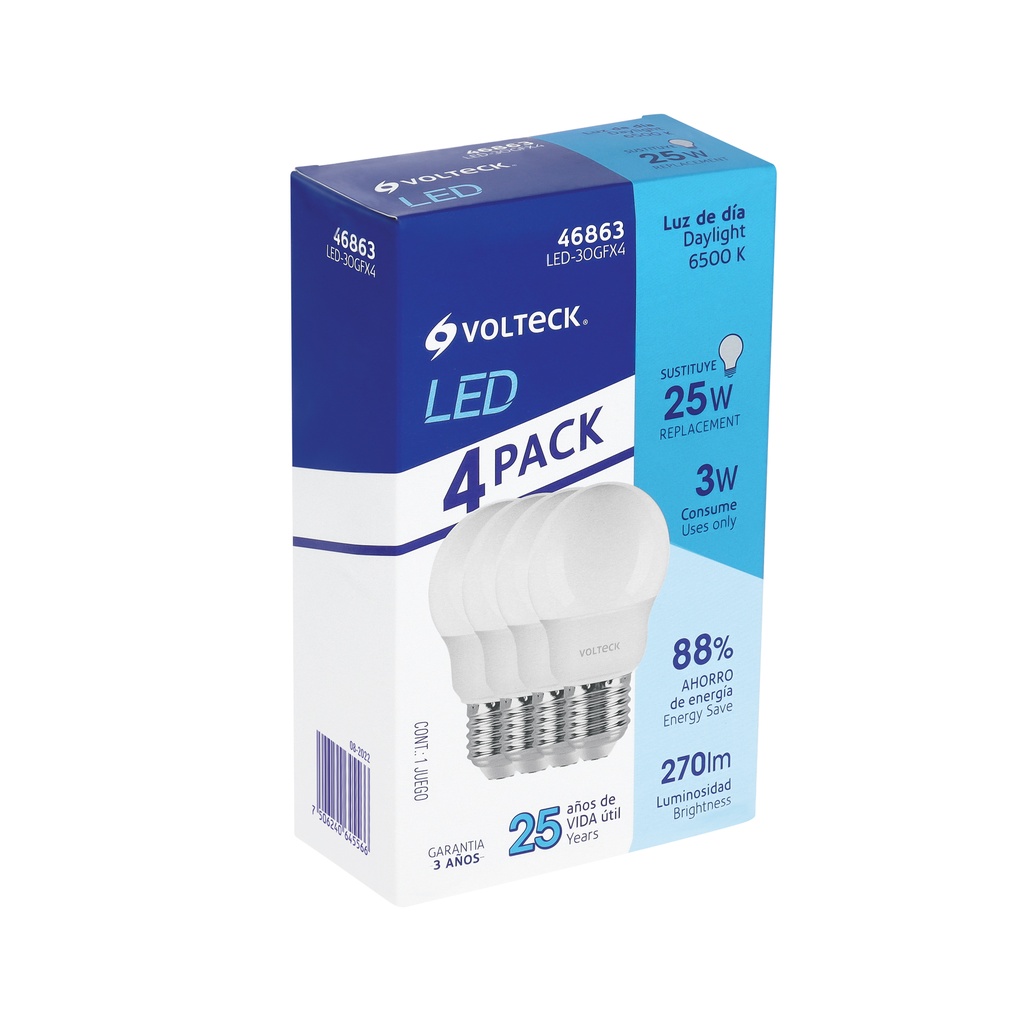 Pack de 4 lámparas LED G45 3 W (equiv. 25 W), luz de día