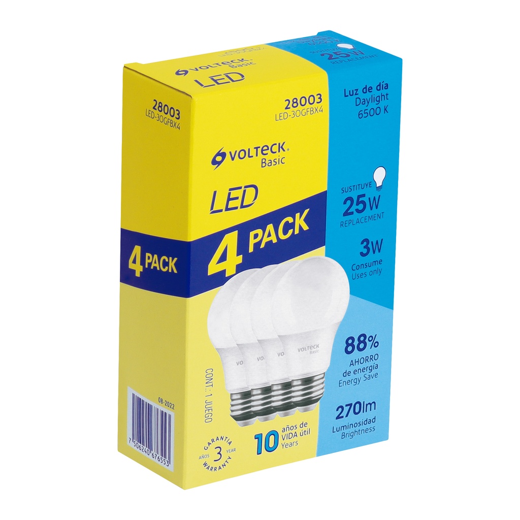 Pack de 4 lámparas LED G45 3 W (equiv. 25 W), luz de día