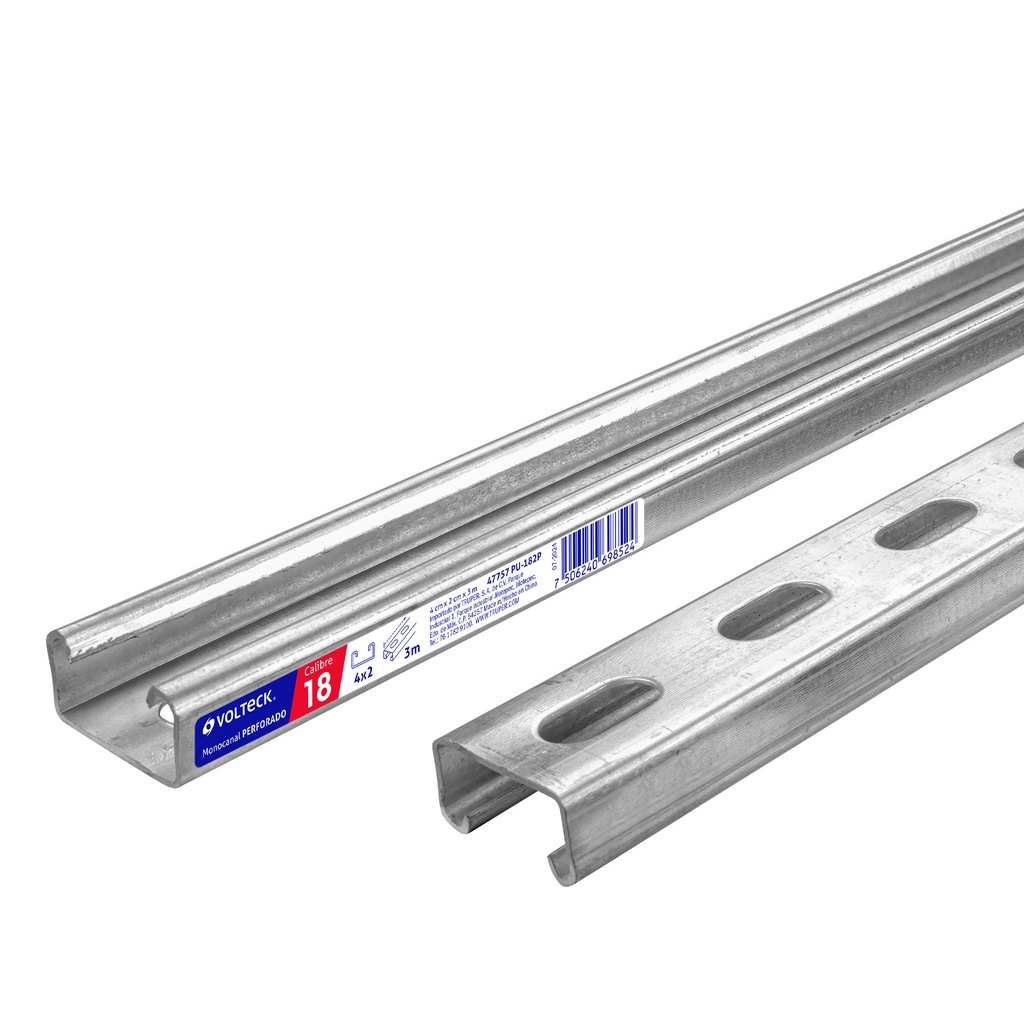 Perfil unicanal perforado de 3 m, 4 x 2 cm, cal. 18, Volteck