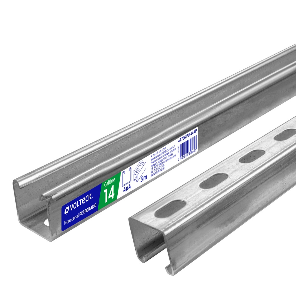 [T47766] Perfil unicanal perforado de 3 m, 4 x 4 cm, cal. 14, Volteck