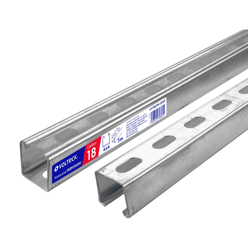 Perfil unicanal perforado de 3 m, 4 x 4 cm, cal. 18, Volteck