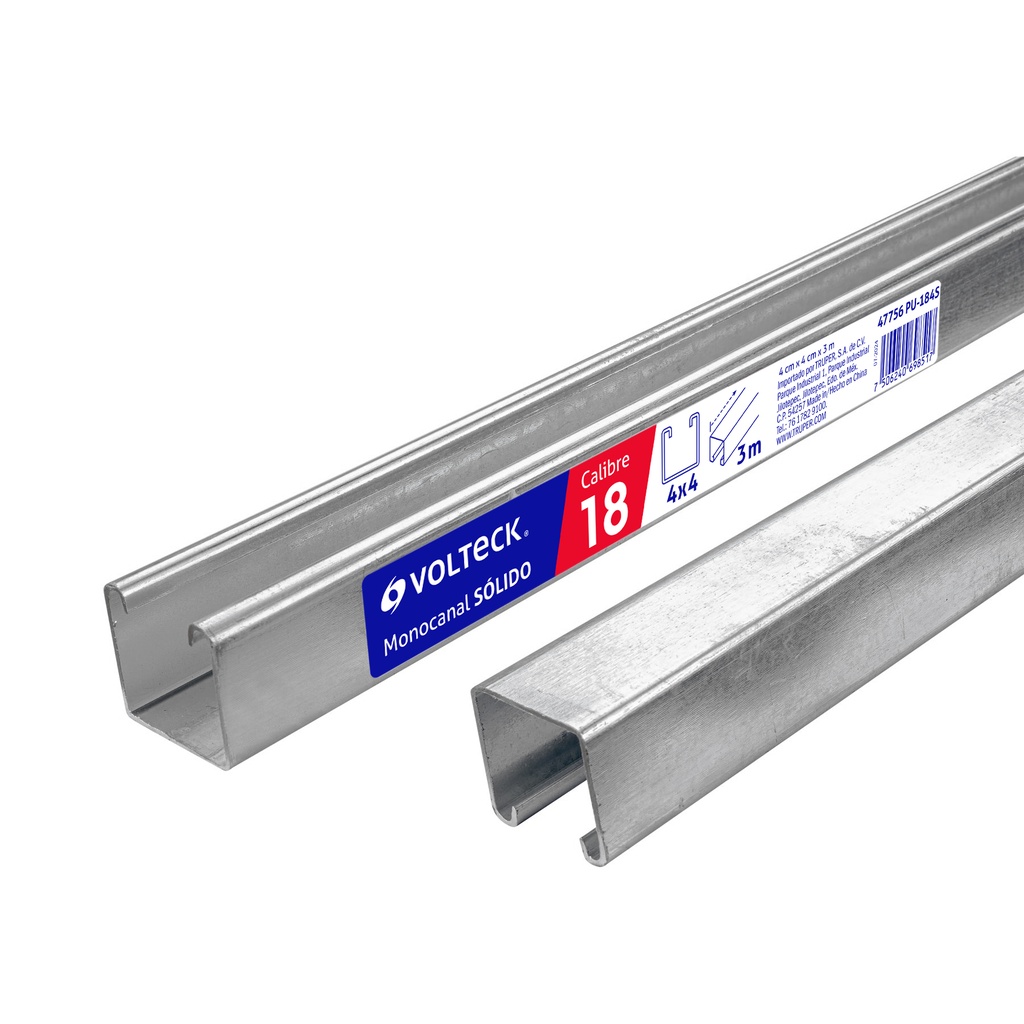 Perfil unicanal sólido de 3 m, 4 x 4 cm, calibre 18, Volteck