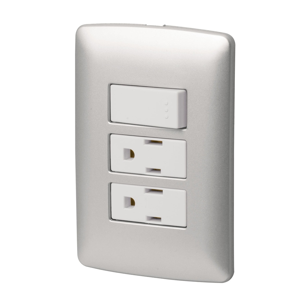 [T46475] Placa armada 2 contactos e interruptor,plata, línea Italiana