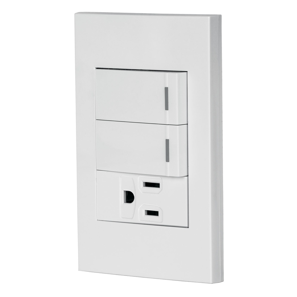 Placa armada 2 interruptores,1 contacto,1mod,Española,blanco