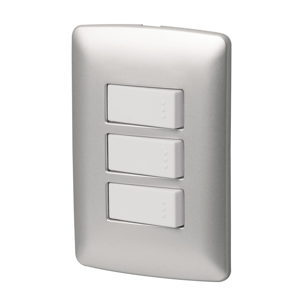 [T46482] Placa armada 3 interruptores sencillos,plata, línea Italiana