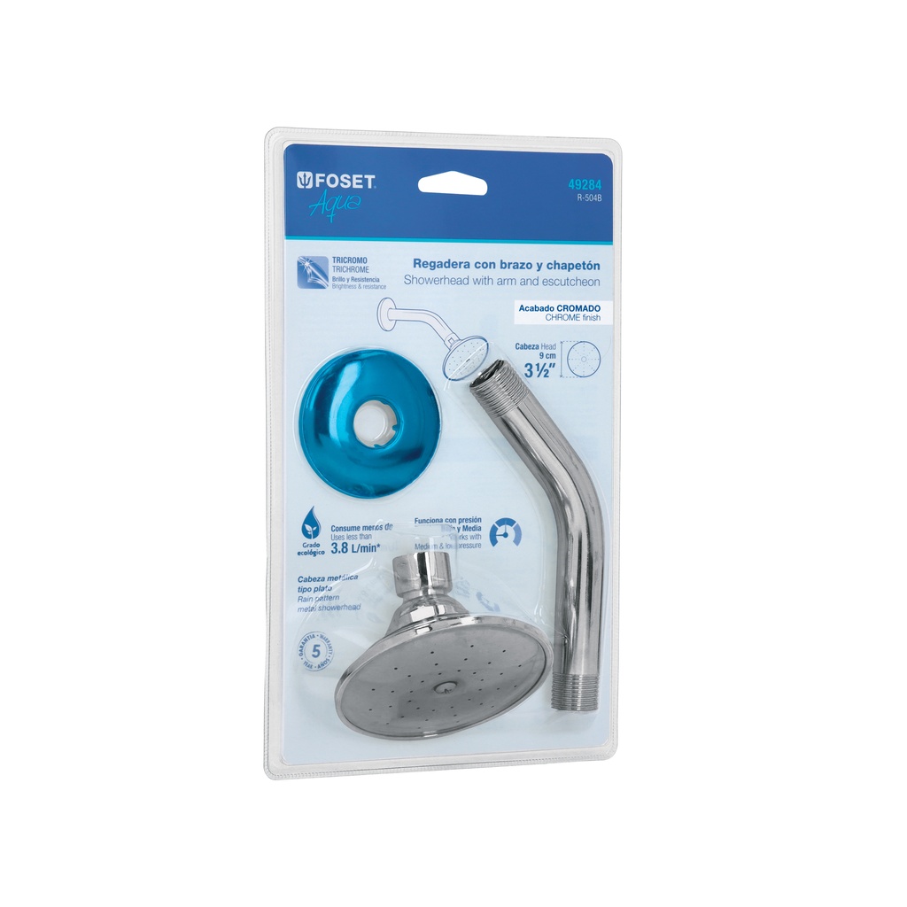 Regadera redonda 3-1/2', brazo y chapetón en blíster, Aqua