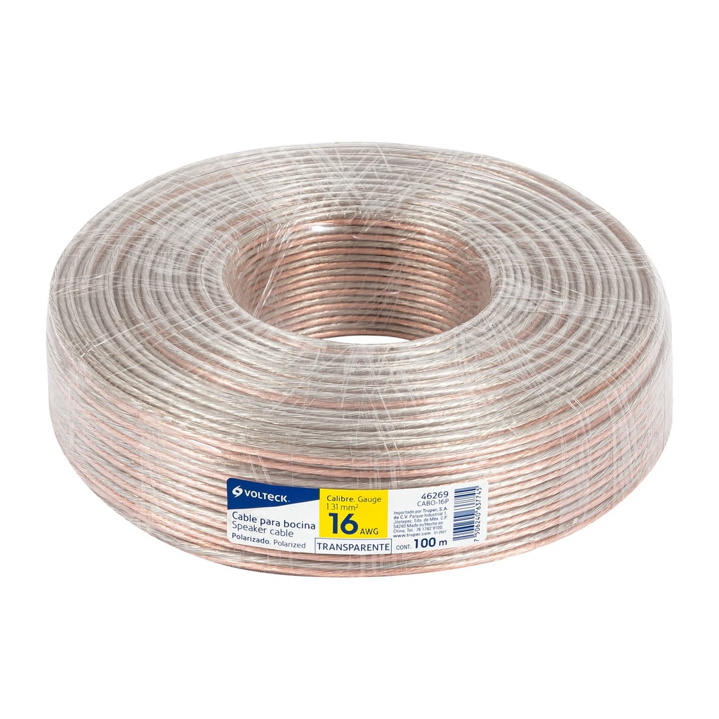[T46269] Rollo de 100 m cable polarizado transparente p/bocina 16 AWG