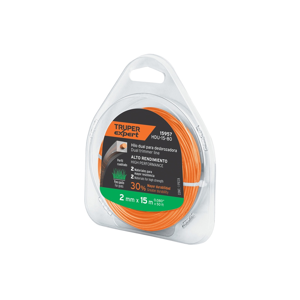 [T15957] Rollo de hilo para desbrozadora, 2 mm x 15 m, Truper Expert