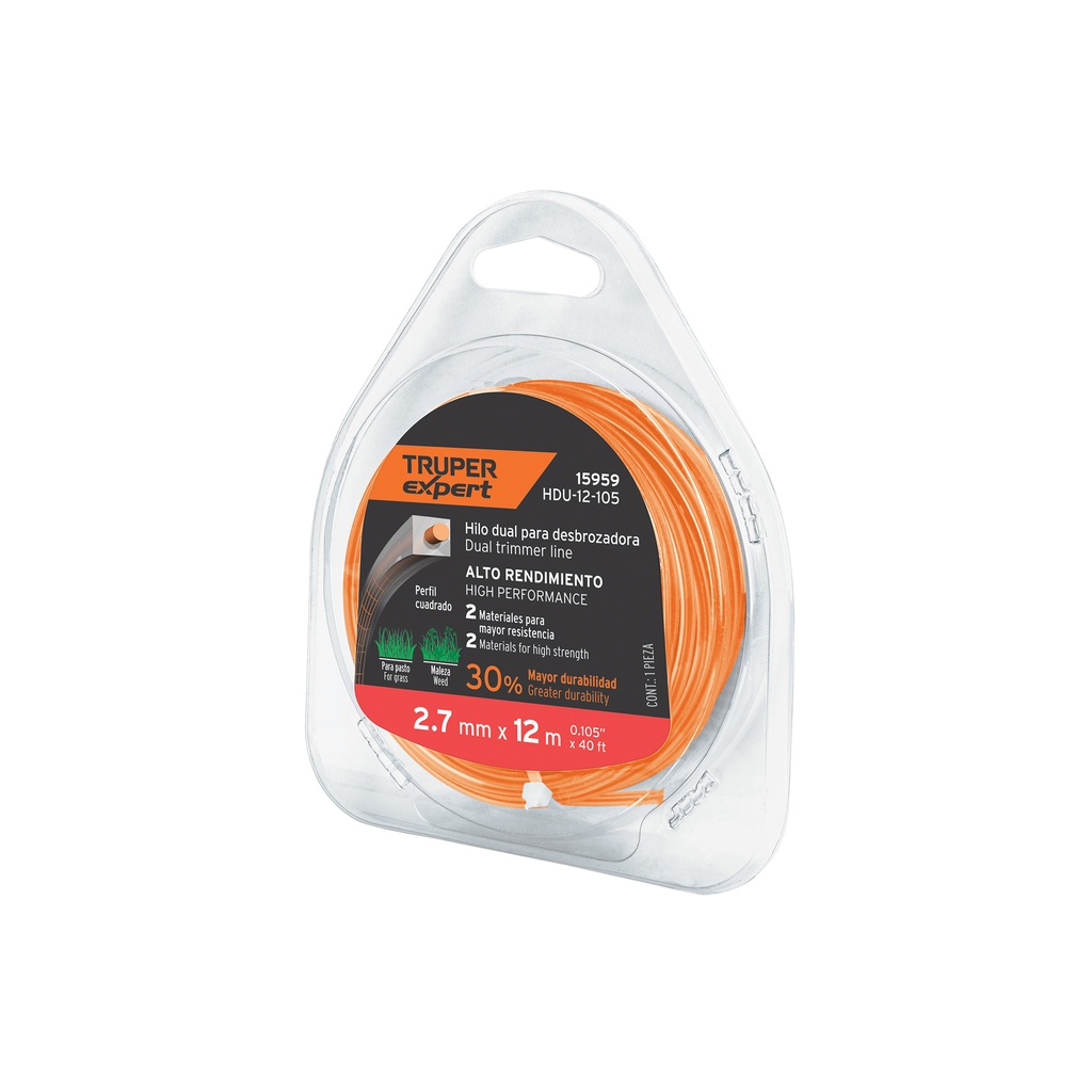 [T15959] Rollo de hilo para desbrozadora, 2.7 mm x 12m, Truper Expert