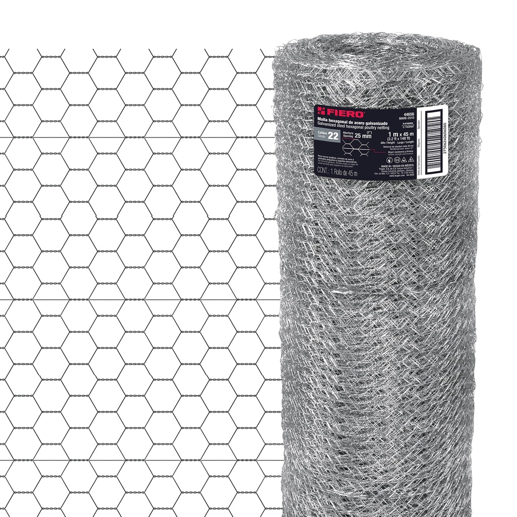 Rollo de malla hexagonal 45m x 1m calibre 22 abertura 25 mm