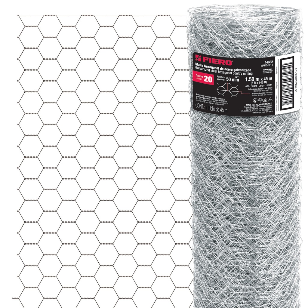 [T44662] Rollo de malla hexagonal 45mx1.5m calibre 20 abertura 50mm