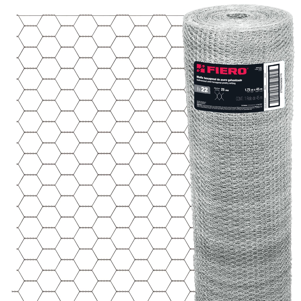 [T44659] Rollo de malla hexagonal 45mx1.75m calibre 22 abertura 25mm