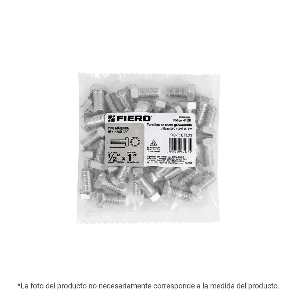 Bolsa con 8 tornillos 1/2' x 7' tipo máquina, Fiero