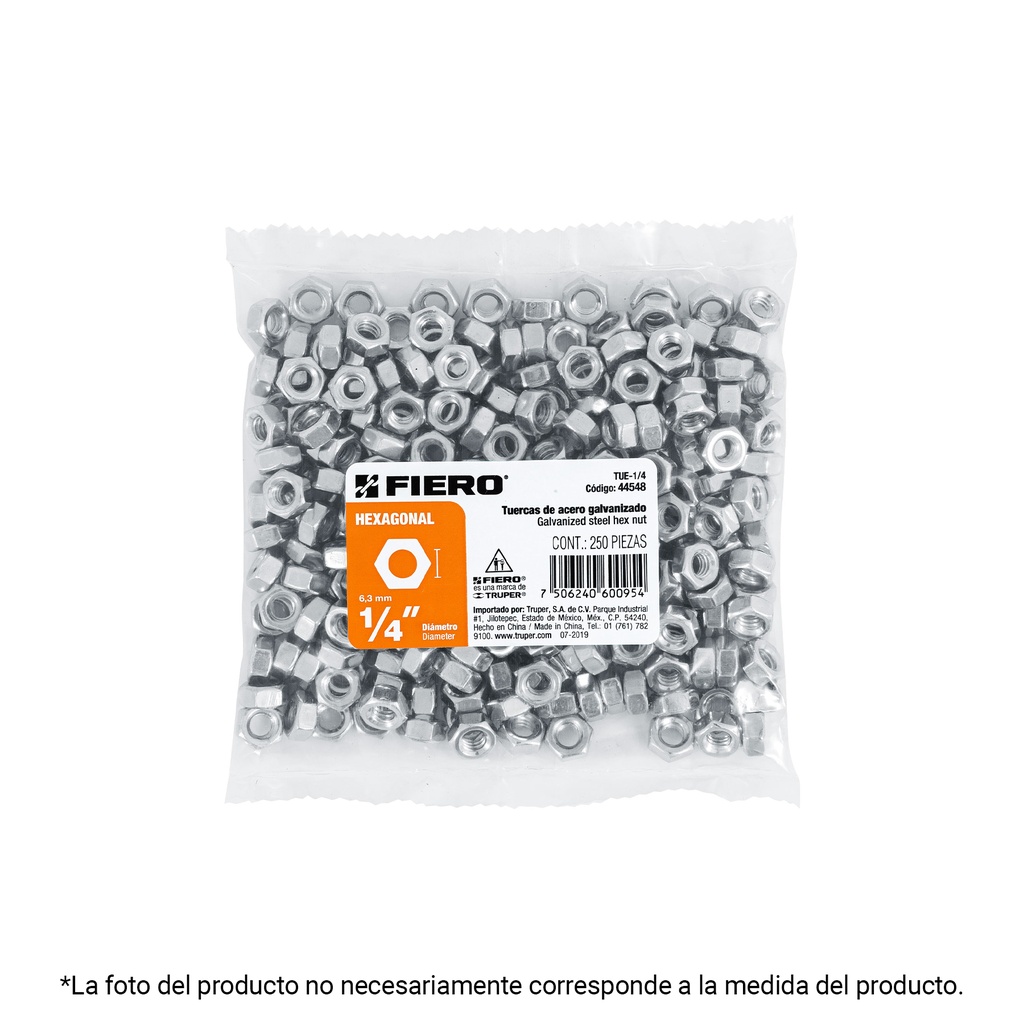 Bolsa con 6 tuercas 1' hexagonales de acero galvanizado