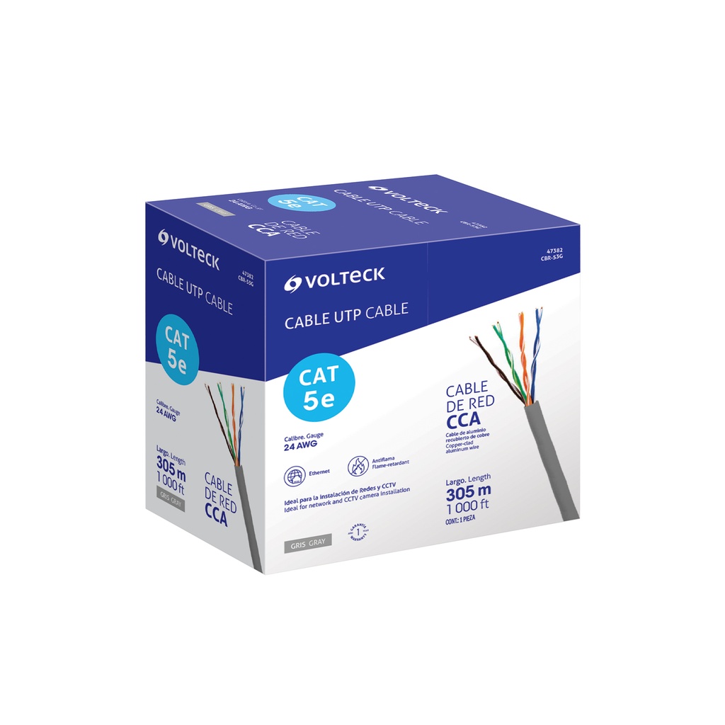 Metro de cable UTP CAT5E, Bobina de 305m, gris, VOLTECK