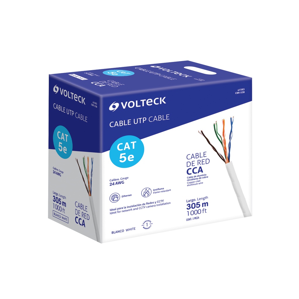 Metro de cable UTP CAT5E, Bobina de 305m, blanco, VOLTECK