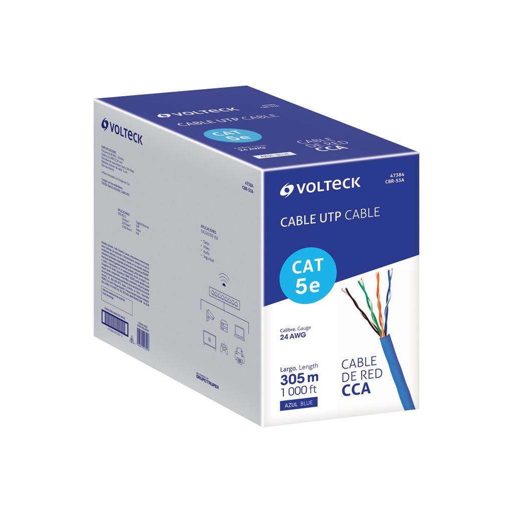 Metro de cable UTP CAT5E, Bobina de 305m, azul, VOLTECK