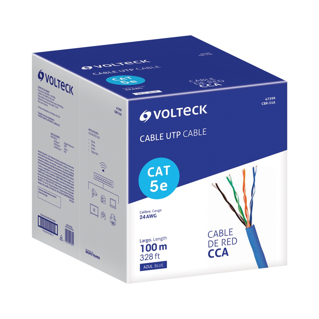 Metro de cable UTP CAT5E, Bobina de 100m, azul, VOLTECK - Pag 438