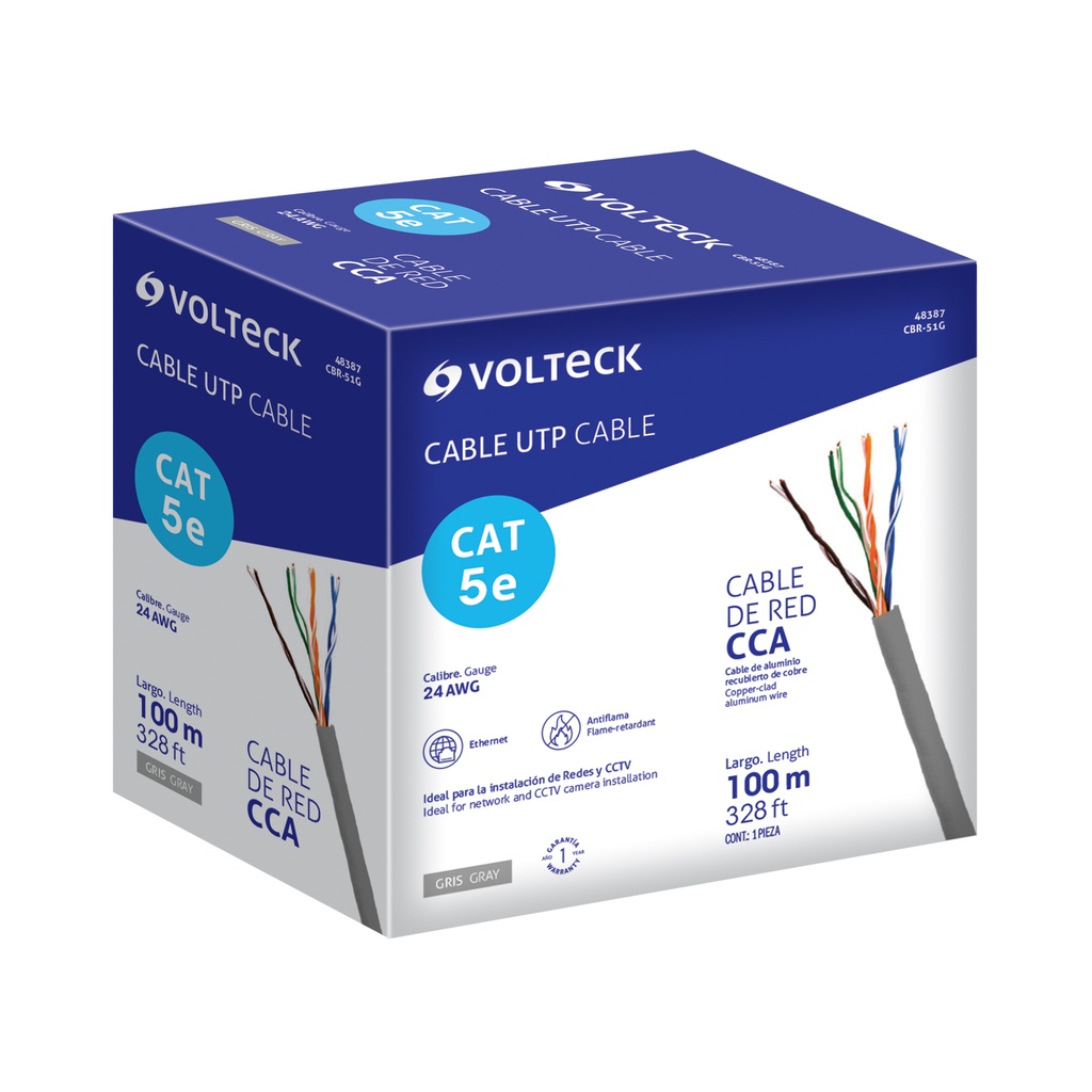 Metro de cable UTP CAT5E, Bobina de 100m, gris, VOLTECK - Pag 438