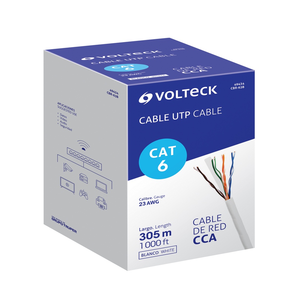 Metro de cable UTP CAT6, Bobina de 305m, blanco, VOLTECK - Pag 438