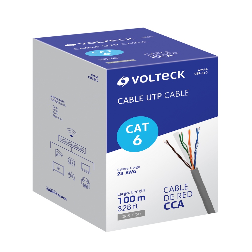 Metro de cable UTP CAT6, Bobina de 100m, gris, VOLTECK