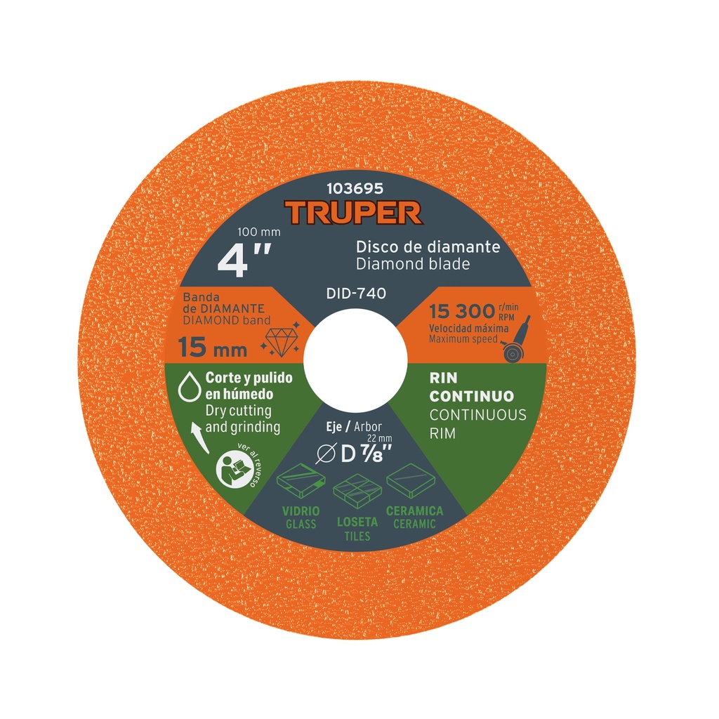 Disco de diamante 4', corte de vidrio, Truper
