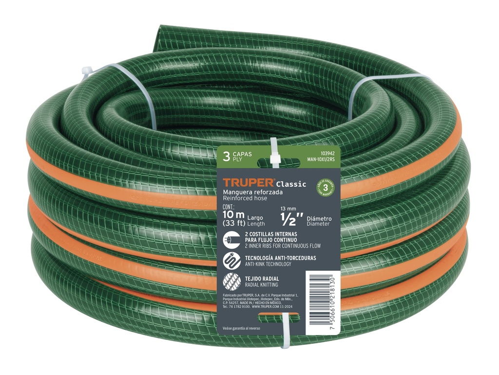 Manguera de jardín 1', 3 capas, 10m, sin conexiones, TRUPER - Pag 228