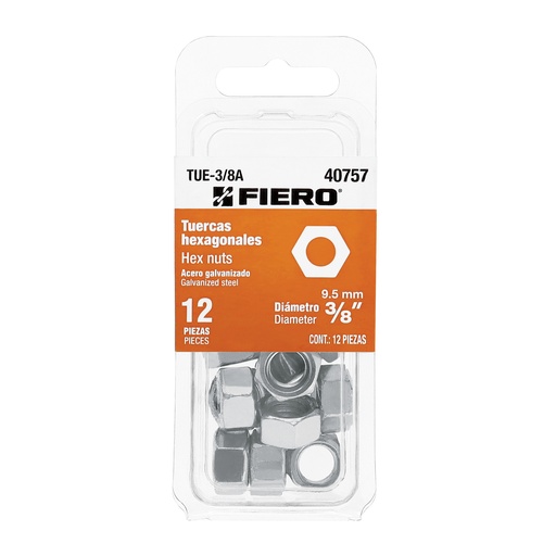 [T40757] Blíster con 12 tuercas 3/8' hex de acero galvanizado, Fiero - Pag 755, 761