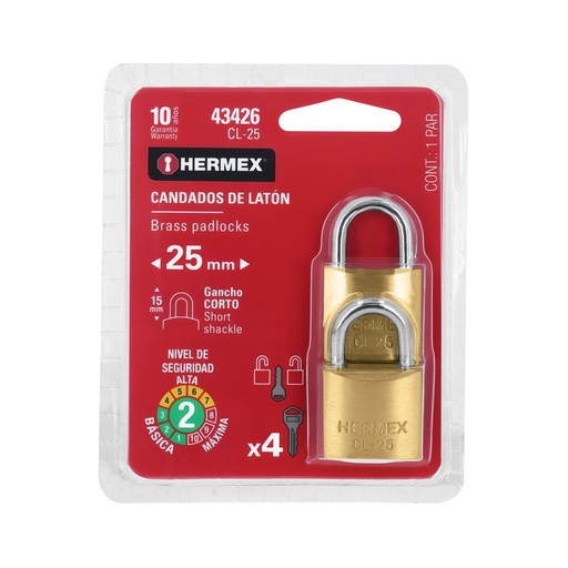 [T43426] Blíster con 2 candados de latón de 25mm con gancho corto - Pag 582