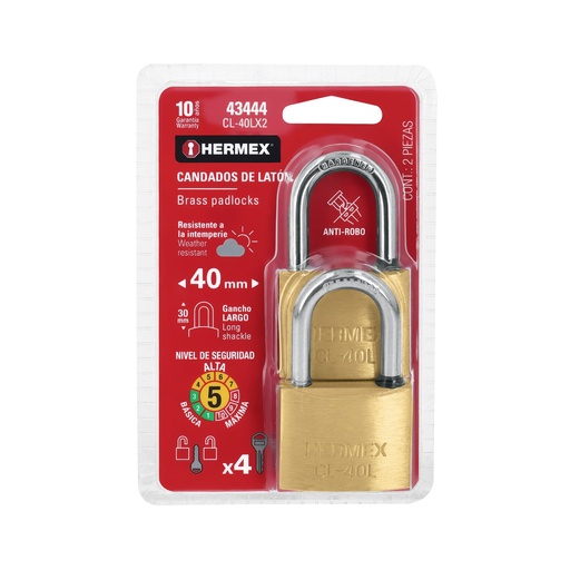 [T43444] Blíster con 2 candados de latón de 40mm con gancho largo - Pag 582