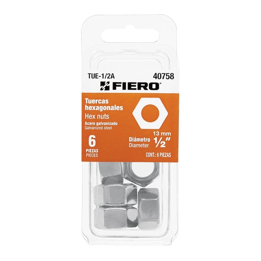 [T40758] Blíster con 6 tuercas 1/2' hex de acero galvanizado, Fiero - Pag 755, 761