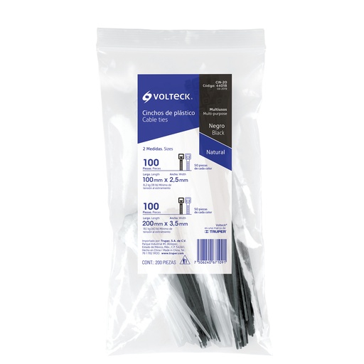 [T44018] Bolsa con 200 cinchos plásticos negros y naturales, Volteck